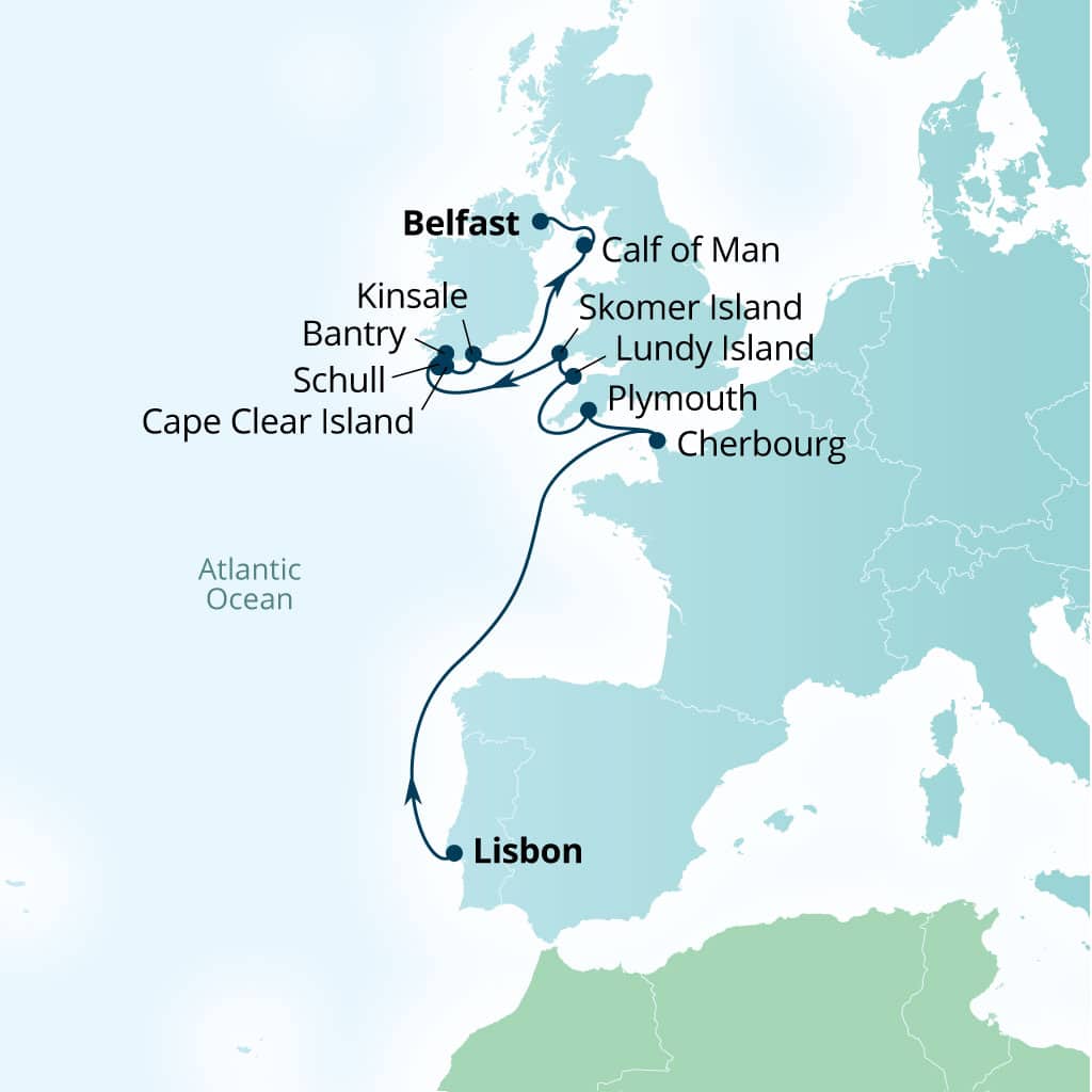 Seabourn Venture 12-day Lisbon, Portugal to Belfast, Northern Ireland, United Kingdom itinerary map, April 24-May 6 2028