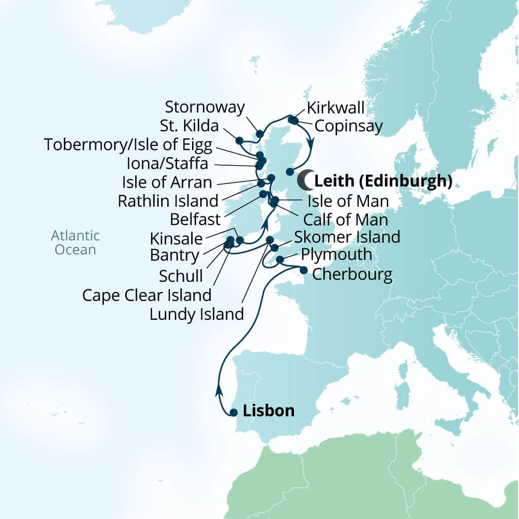 Seabourn Venture 23-day Lisbon, Portugal to Leith (Edinburgh), Scotland, United Kingdom itinerary map, April 24-May 17 2028