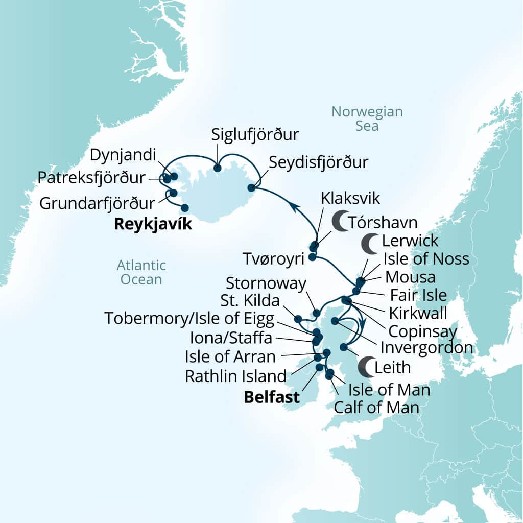 Seabourn Venture 25-day Belfast, Northern Ireland, United Kingdom to Reykjavik, Iceland itinerary map, May 6-31 2028