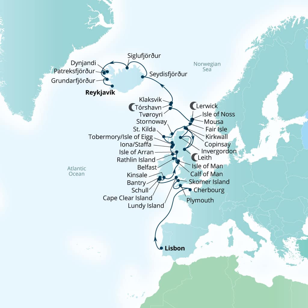 Seabourn Venture 37-day Lisbon, Portugal to Reykjavik, Iceland itinerary map, April 24-May 31 2028