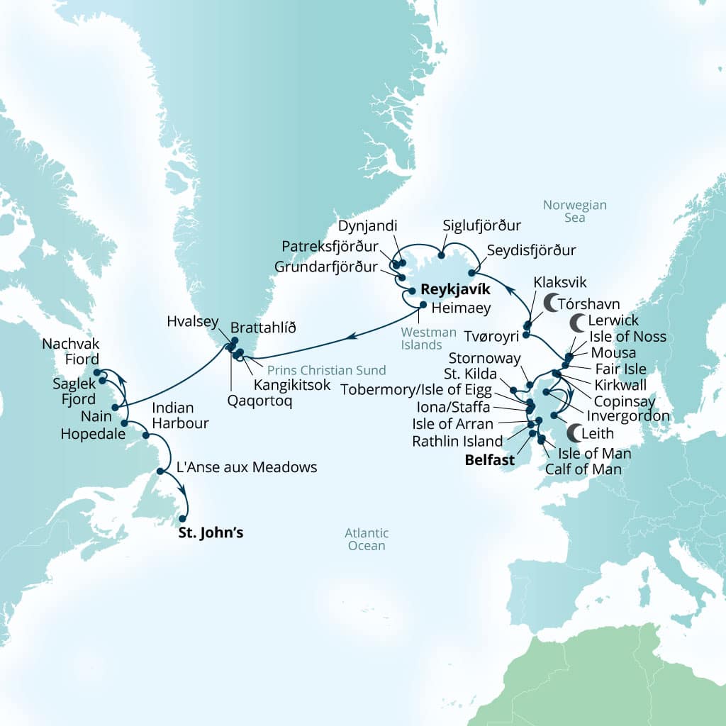 Seabourn Venture 40-day Belfast, Northern Ireland, United Kingdom to St Johns, Newfoundland, Canada itinerary map, May 6-June 15 2028
