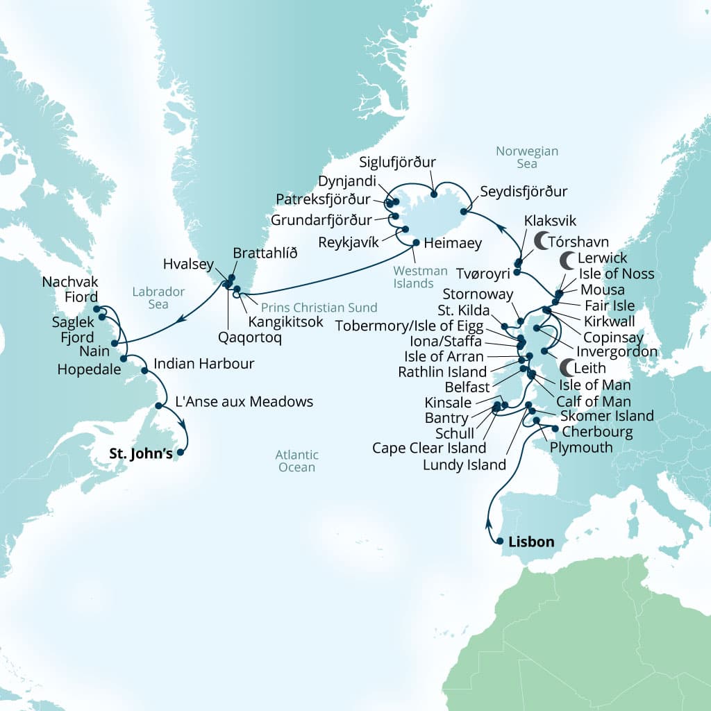 Seabourn Venture 52-day Lisbon, Portugal to St Johns, Newfoundland, Canada itinerary map, April 24-June 15 2028