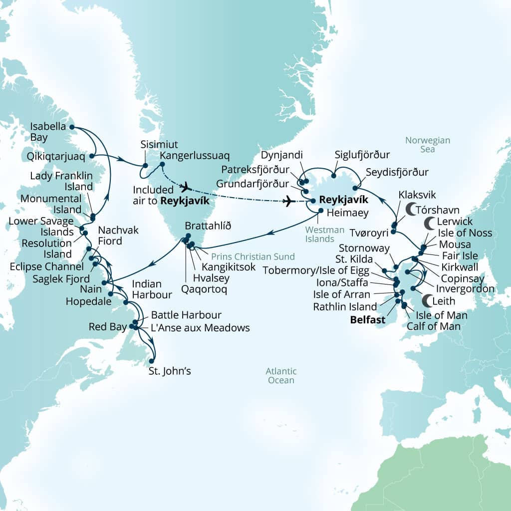 Seabourn Venture 56-day Belfast, Northern Ireland, United Kingdom to Reykjavik, Iceland itinerary map, May 6-July 1 2028