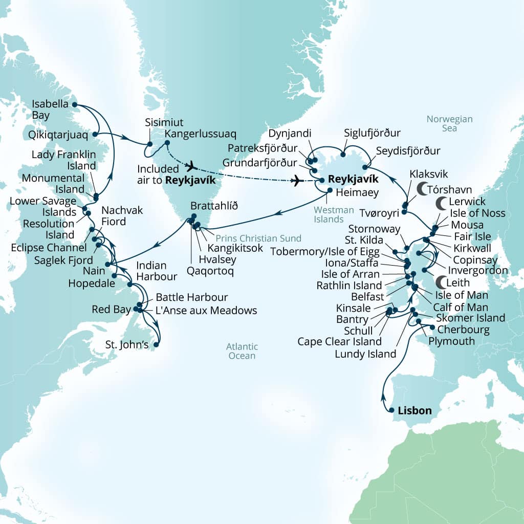Seabourn Venture 68-day Lisbon, Portugal to Reykjavik, Iceland itinerary map, April 24-July 1 2028