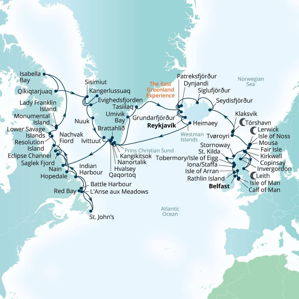 Seabourn Venture 70-day Belfast, Northern Ireland, United Kingdom to Reykjavik, Iceland itinerary map, May 6-July 15 2028