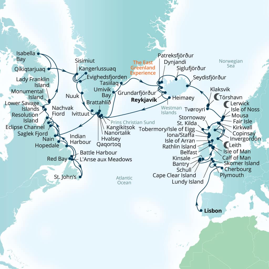 Seabourn Venture 82-day Lisbon, Portugal to Reykjavik, Iceland itinerary map, April 24-July 15 2028