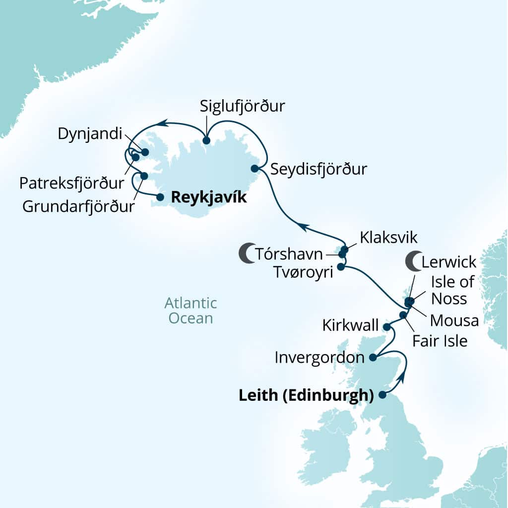Seabourn Venture 14-day Leith (Edinburgh), Scotland, United Kingdom to Reykjavik, Iceland itinerary map, May 17-31 2028