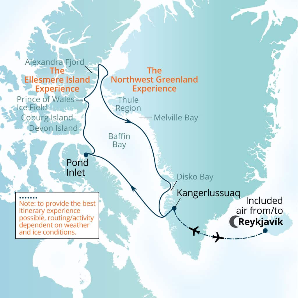 Seabourn Venture 16-day Reykjavik, Iceland to Reykjavik, Iceland itinerary map, August 16-September 1 2028