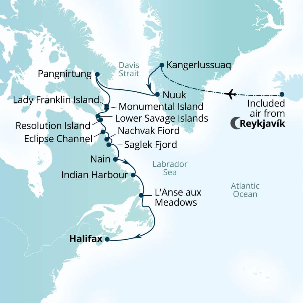 Seabourn Venture 15-day Reykjavik, Iceland to Halifax, Nova Scotia, Canada itinerary map, September 17-October 2 2028