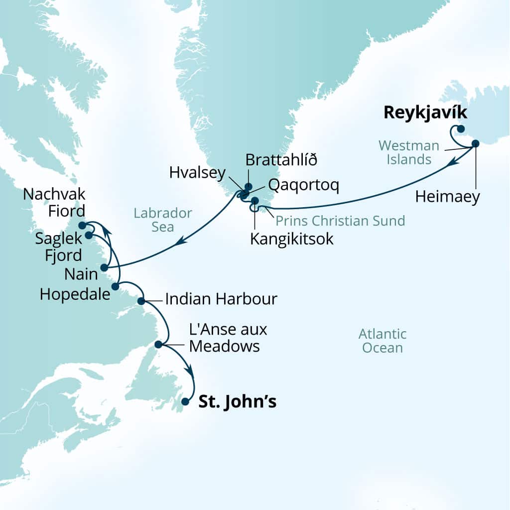 Seabourn Venture 15-day Reykjavik, Iceland to St Johns, Newfoundland, Canada itinerary map, May 31-June 15 2028