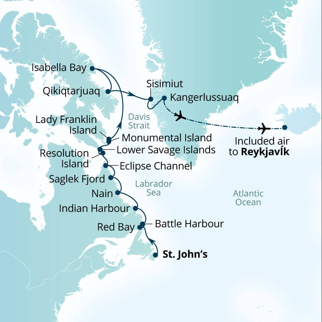 Seabourn Venture 16-day St Johns, Newfoundland, Canada to Reykjavik, Iceland itinerary map, June 15-July 1 2028
