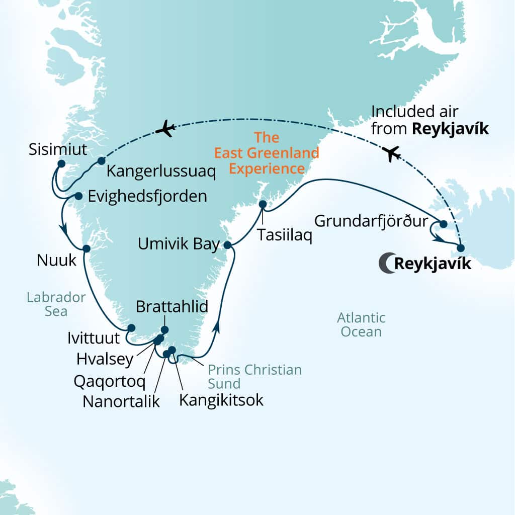 Seabourn Venture 16-day Reykjavik, Iceland to Reykjavik, Iceland itinerary map, June 29-July 15 2028
