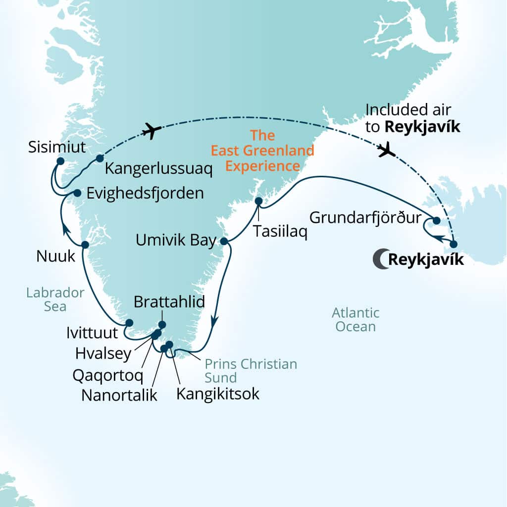 Seabourn Venture 16-day Reykjavik, Iceland to Reykjavik, Iceland itinerary map, July 15-31 2028
