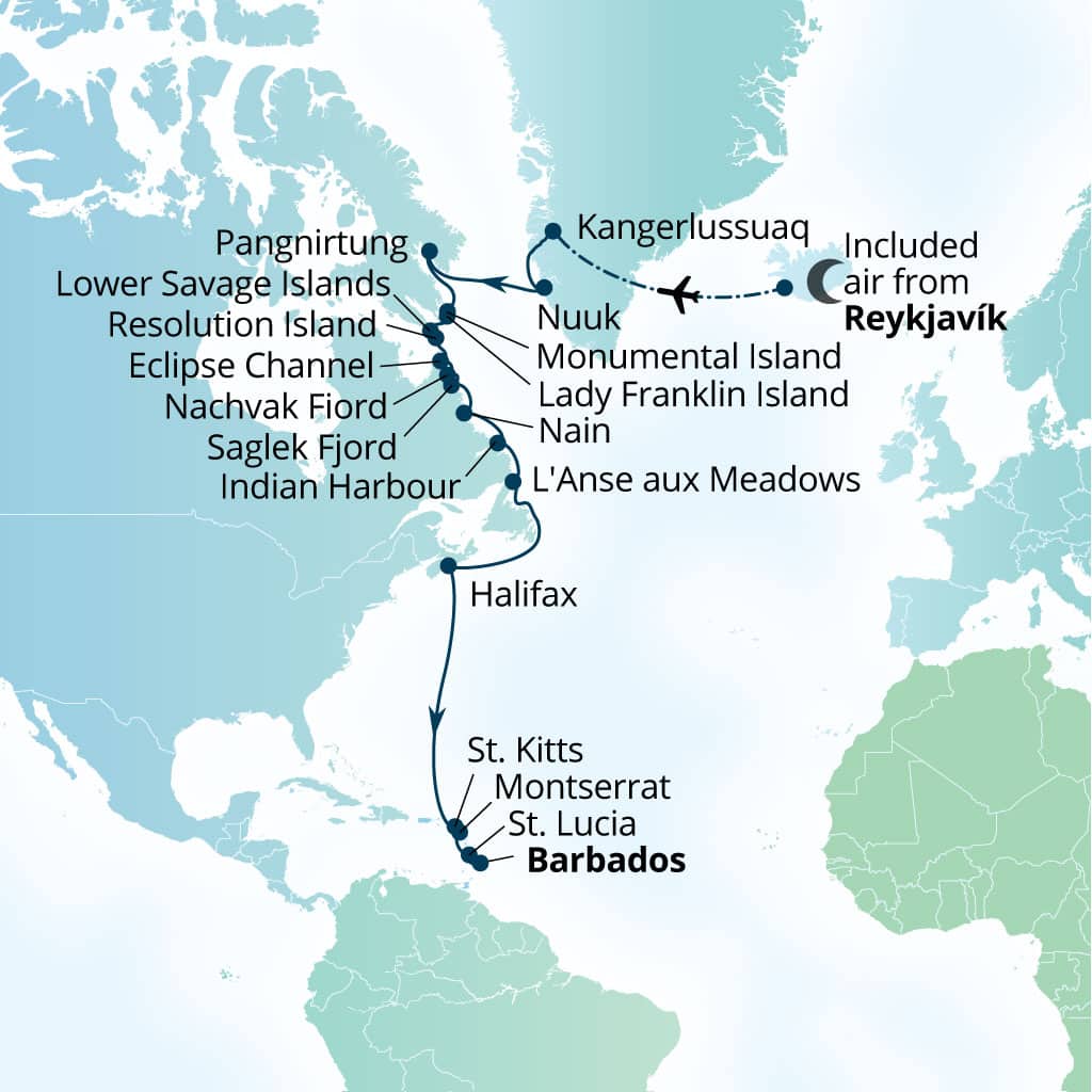 Seabourn Venture 23-day Reykjavik, Iceland to Bridgetown, Barbados itinerary map, September 17-October 10 2028