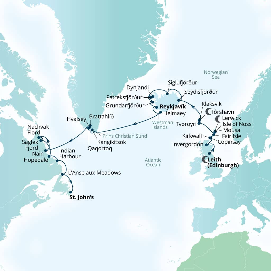 Seabourn Venture 29-day Leith (Edinburgh), Scotland, United Kingdom to St Johns, Newfoundland, Canada itinerary map, May 17-June 15 2028