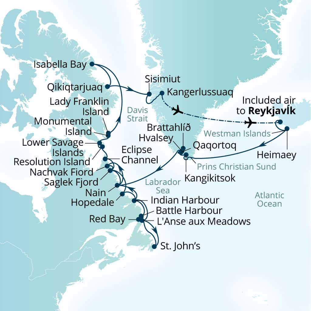 Seabourn Venture 31-day Reykjavik, Iceland to Reykjavik, Iceland itinerary map, May 31-July 1 2028