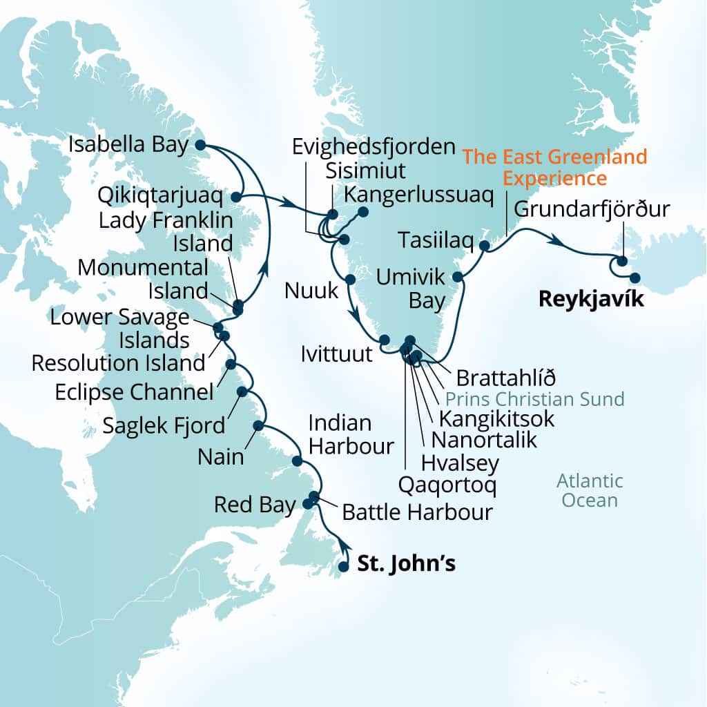 Seabourn Venture 30-day St Johns, Newfoundland, Canada to Reykjavik, Iceland itinerary map, June 15-July 15 2028