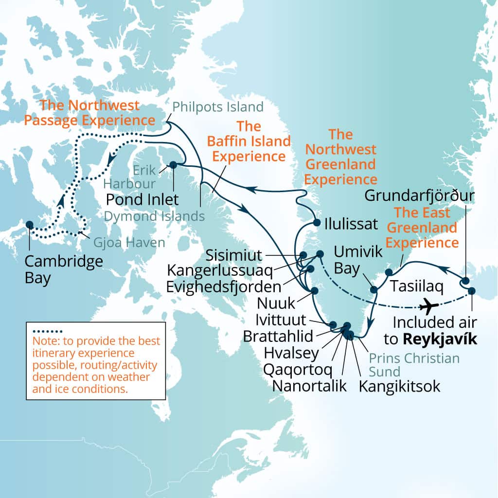 Seabourn Venture 34-day Reykjavik, Iceland to Reykjavik, Iceland itinerary map, July 15-August 18 2028