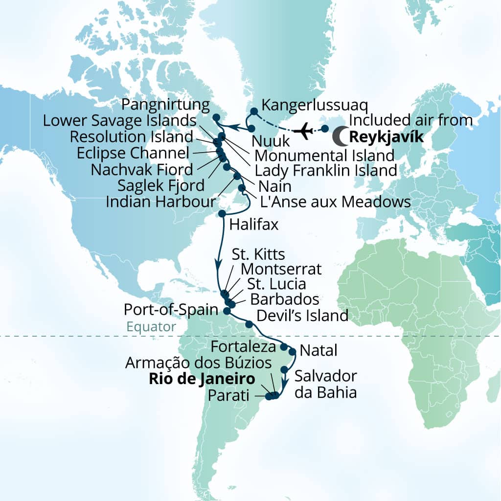 Seabourn Venture 39-day Reykjavik, Iceland to Rio de Janeiro, Brazil itinerary map, September 17-October 26 2028