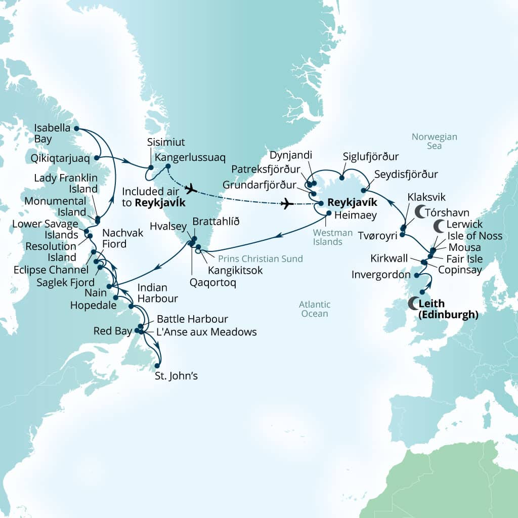 Seabourn Venture 45-day Leith (Edinburgh), Scotland, United Kingdom to Reykjavik, Iceland itinerary map, May 17-July 1 2028
