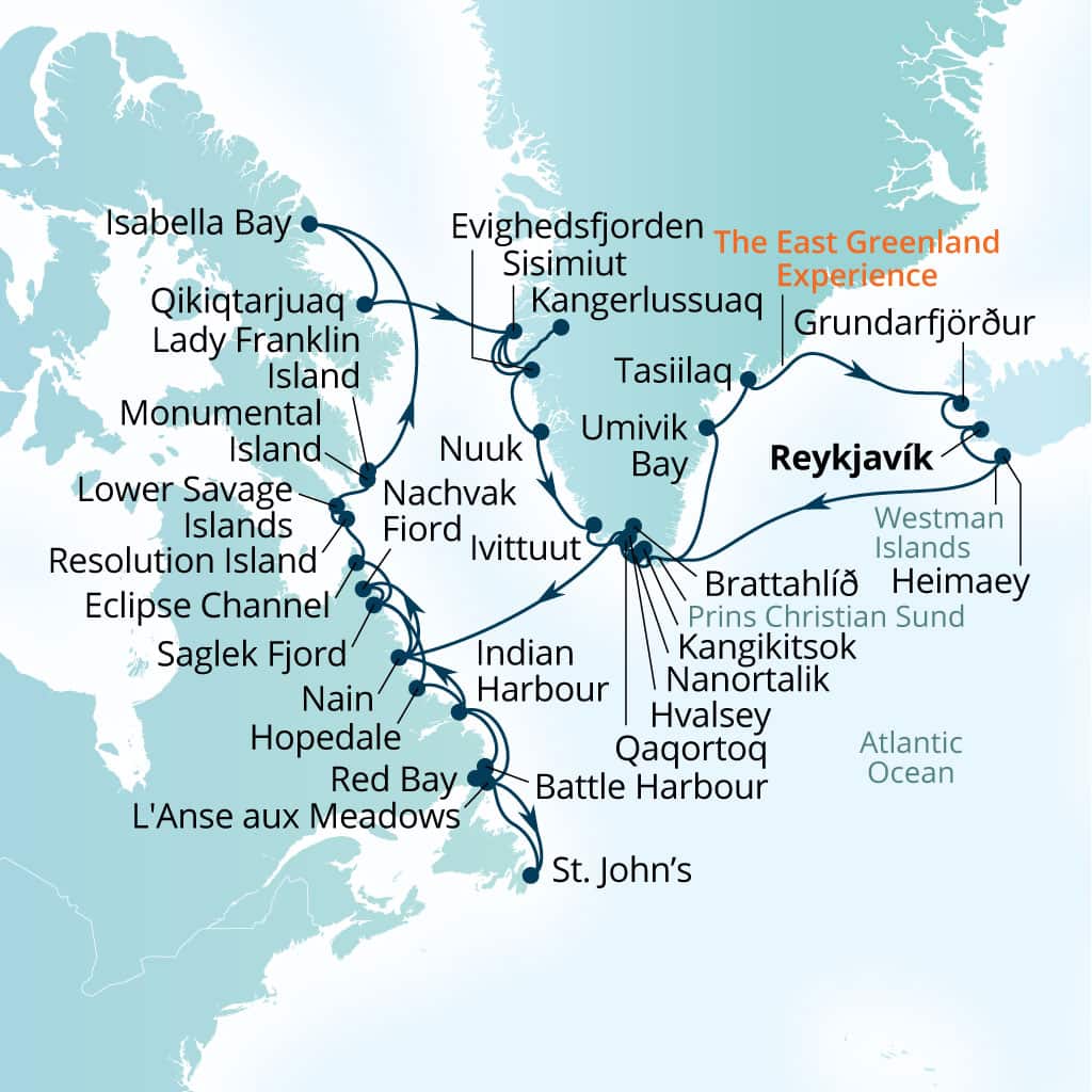 Seabourn Venture 45-day Reykjavik, Iceland to Reykjavik, Iceland itinerary map, May 31-July 15 2028