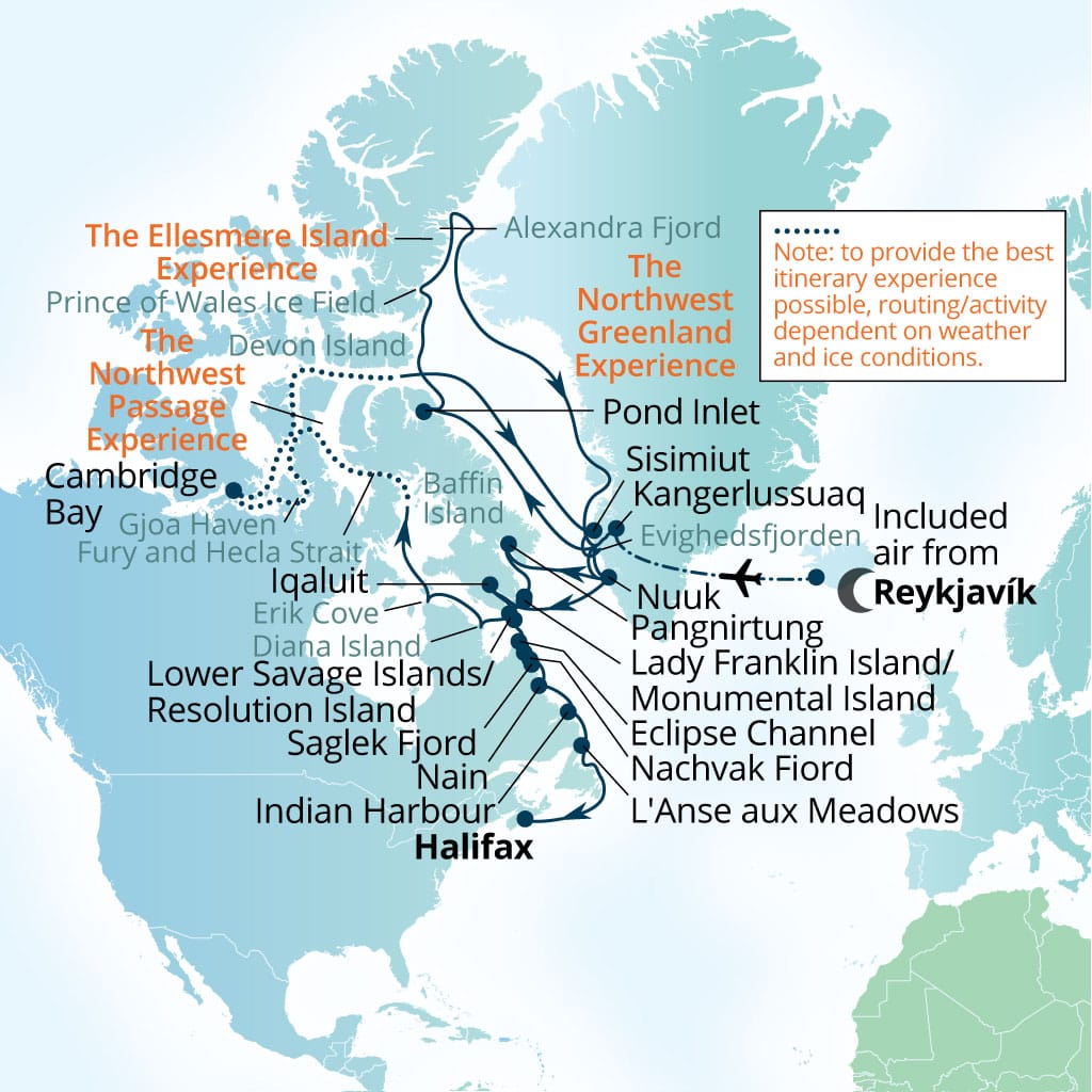 Seabourn Venture 47-day Reykjavik, Iceland to Halifax, Nova Scotia, Canada itinerary map, August 16-October 2 2028