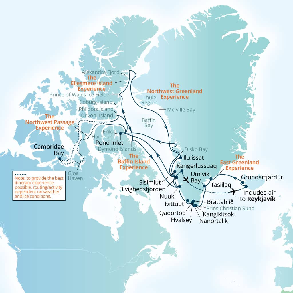 Seabourn Venture 48-day Reykjavik, Iceland to Reykjavik, Iceland itinerary map, July 15-September 1 2028