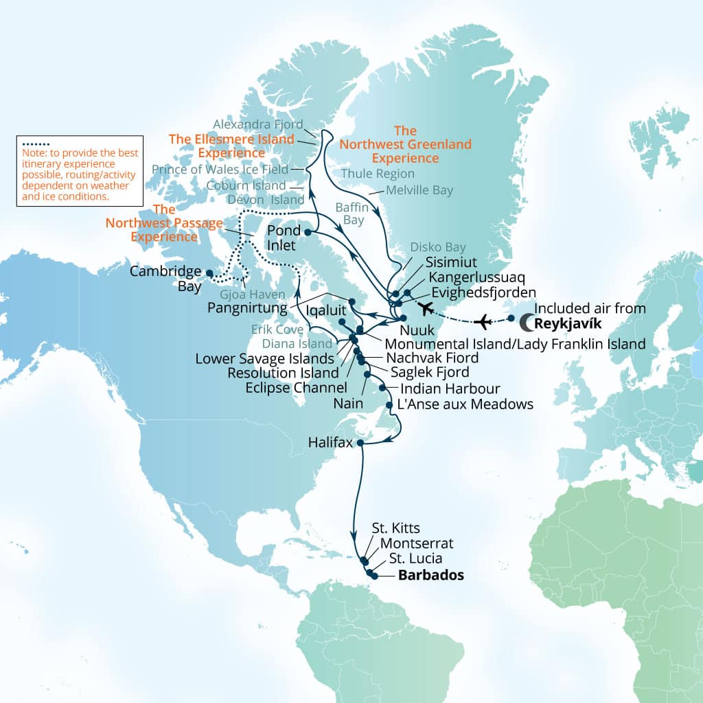 Seabourn Venture 55-day Reykjavik, Iceland to Bridgetown, Barbados itinerary map, August 16-October 10 2028