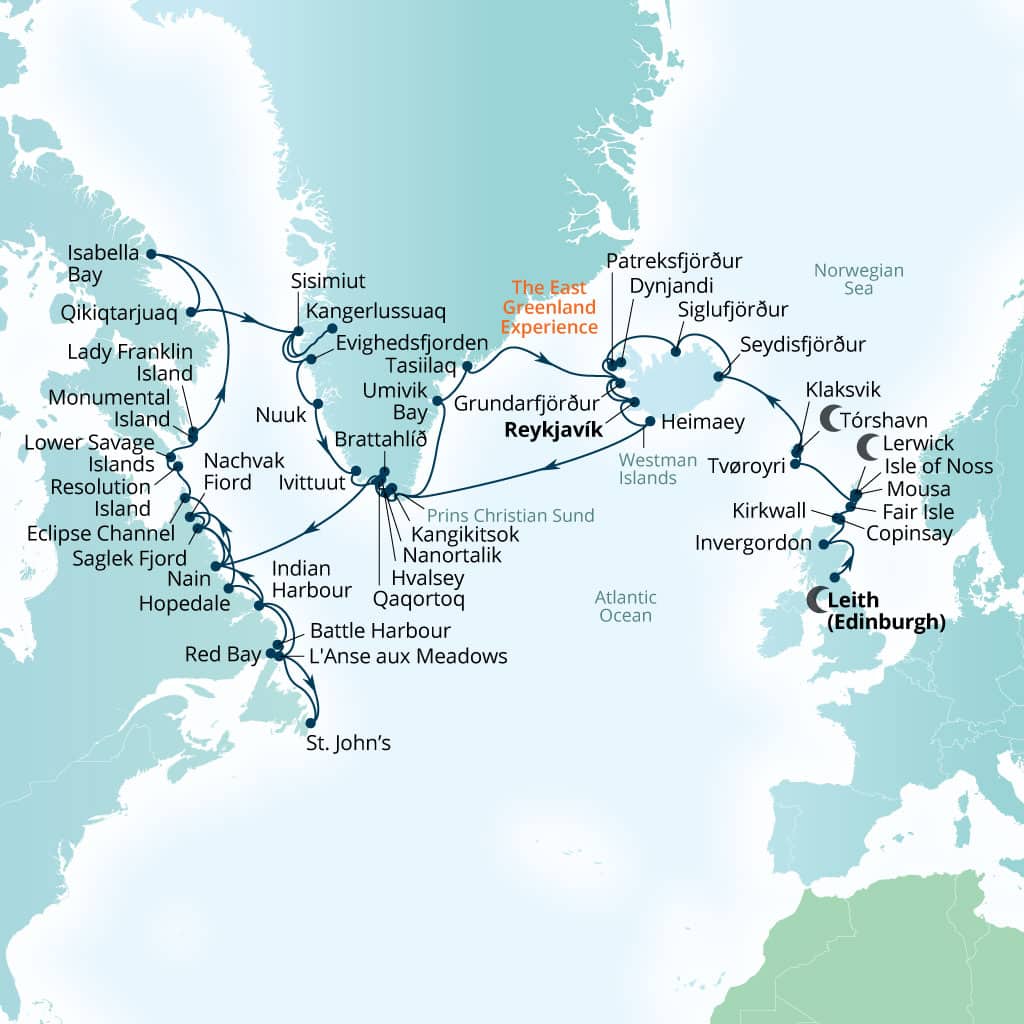 Seabourn Venture 59-day Leith (Edinburgh), Scotland, United Kingdom to Reykjavik, Iceland itinerary map, May 17-July 15 2028