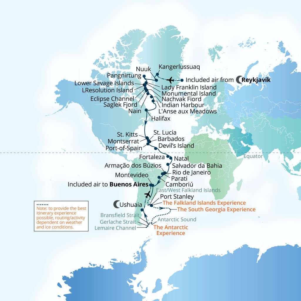 Seabourn Venture 64-day Reykjavik, Iceland to Buenos Aires itinerary map, September 17-November 20 2028