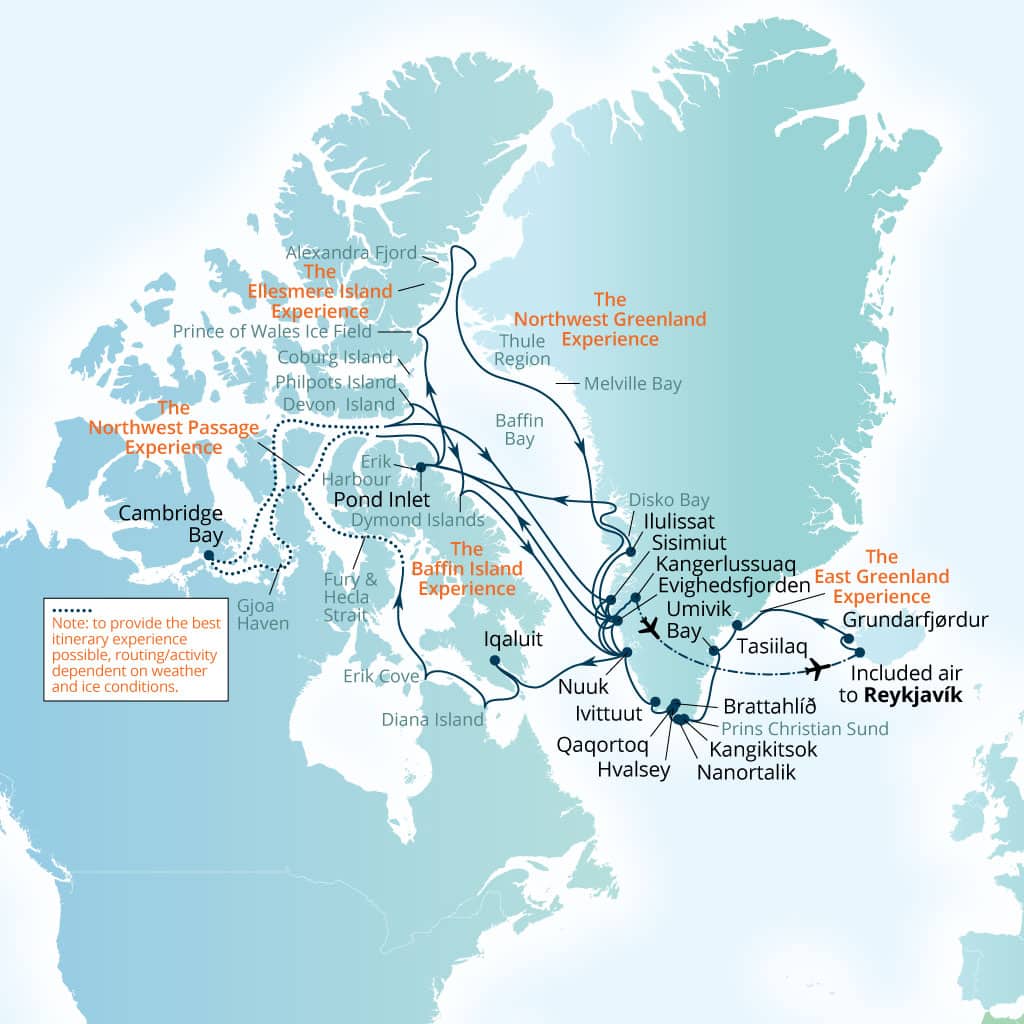 Seabourn Venture 66-day Reykjavik, Iceland to Reykjavik, Iceland itinerary map, July 15-September 19 2028