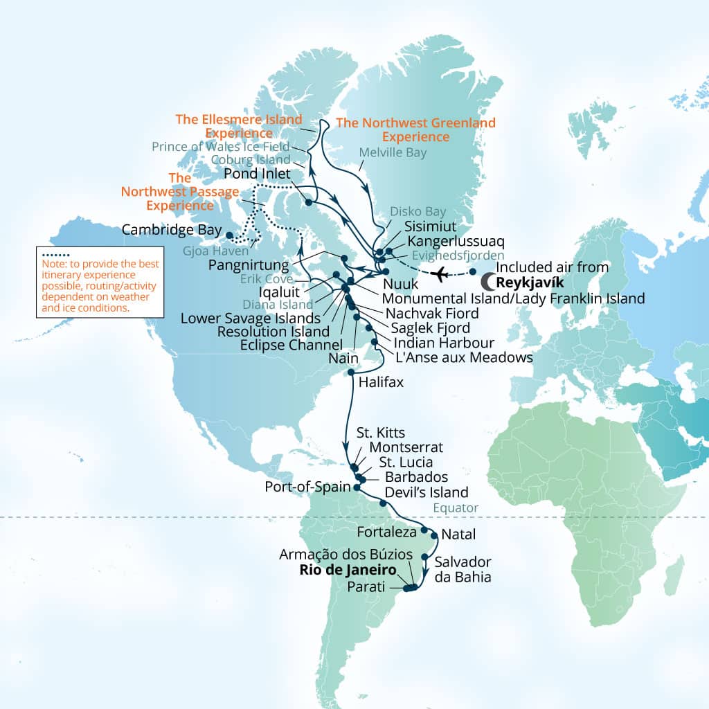 Seabourn Venture 71-day Reykjavik, Iceland to Rio de Janeiro, Brazil itinerary map, August 16-October 26 2028