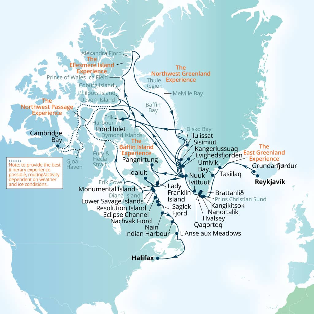 Seabourn Venture 79-day Reykjavik, Iceland to Halifax, Nova Scotia, Canada itinerary map, July 15-October 2 2028
