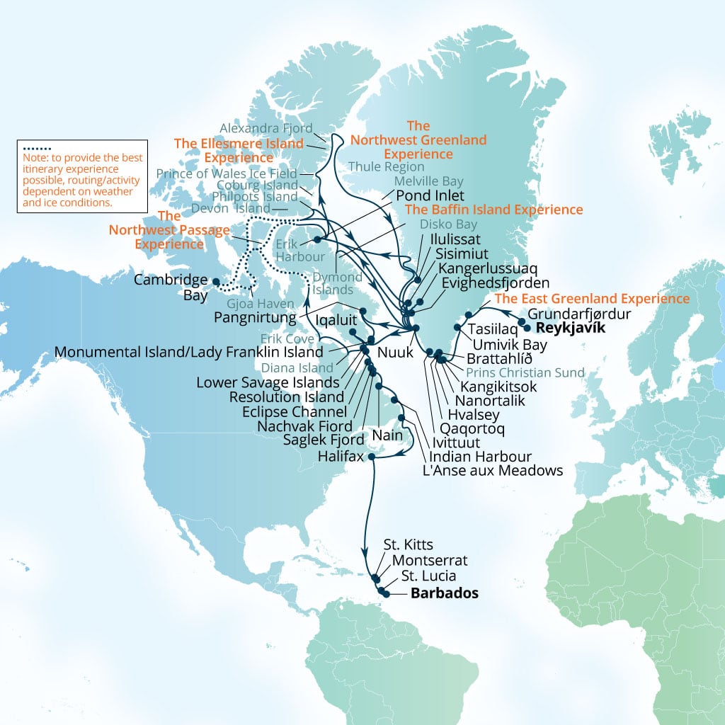 Seabourn Venture 87-day Reykjavik, Iceland to Bridgetown, Barbados itinerary map, July 15-October 10 2028