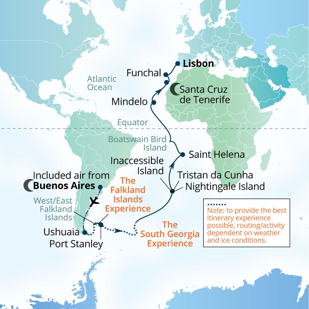 Seabourn Venture 34-day Buenos Aires to Lisbon, Portugal itinerary map, March 21-April 24 2028