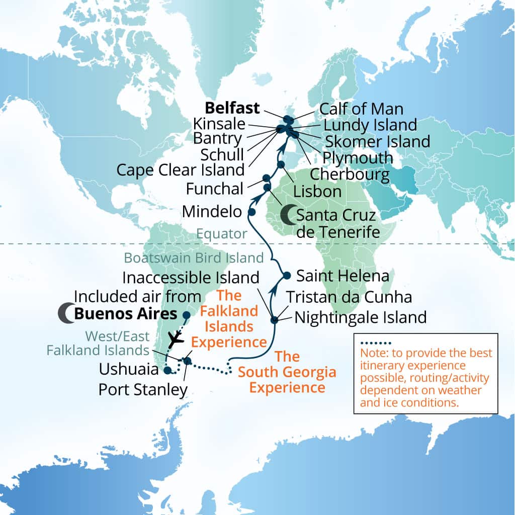 Seabourn Venture 46-day Buenos Aires to Belfast, Northern Ireland, United Kingdom itinerary map, March 21-May 6 2028