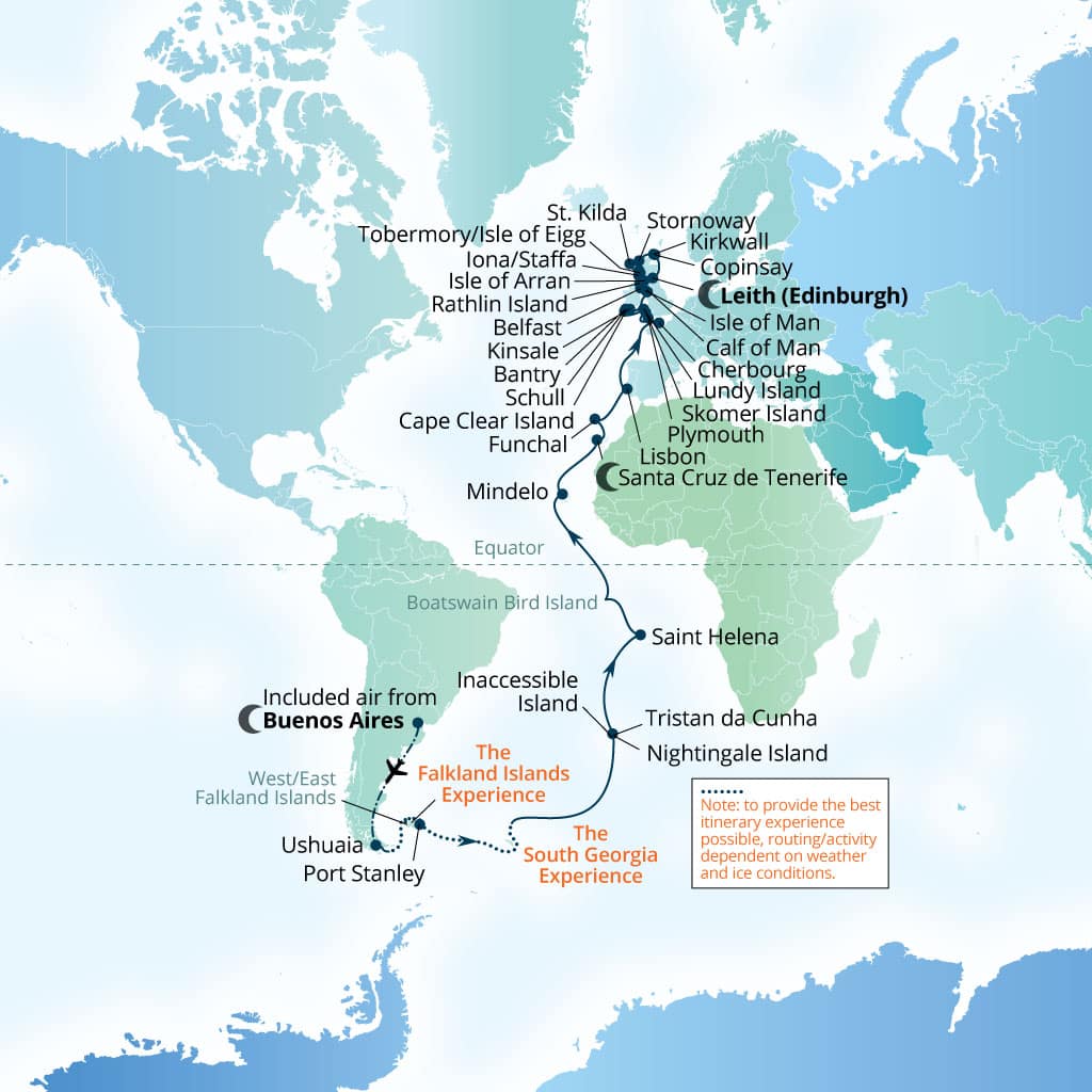 Seabourn Venture 57-day Buenos Aires to Leith (Edinburgh), Scotland, United Kingdom itinerary map, March 21-May 17 2028