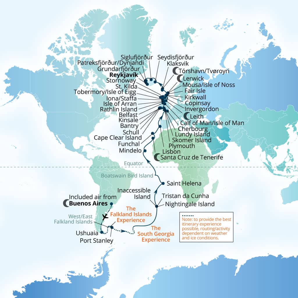 Seabourn Venture 71-day Buenos Aires to Reykjavik, Iceland itinerary map, March 21-May 31 2028
