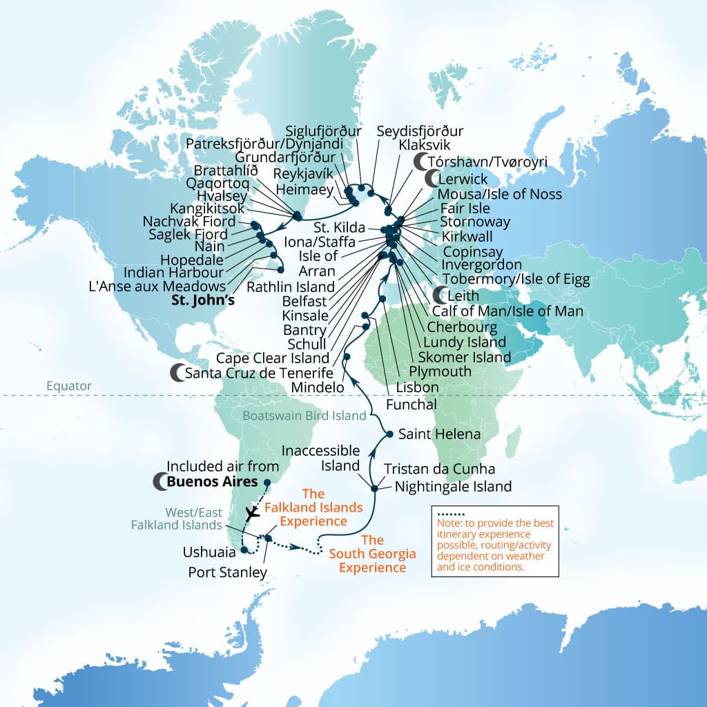 Seabourn Venture 86-day Buenos Aires to St Johns, Newfoundland, Canada itinerary map, March 21-June 15 2028
