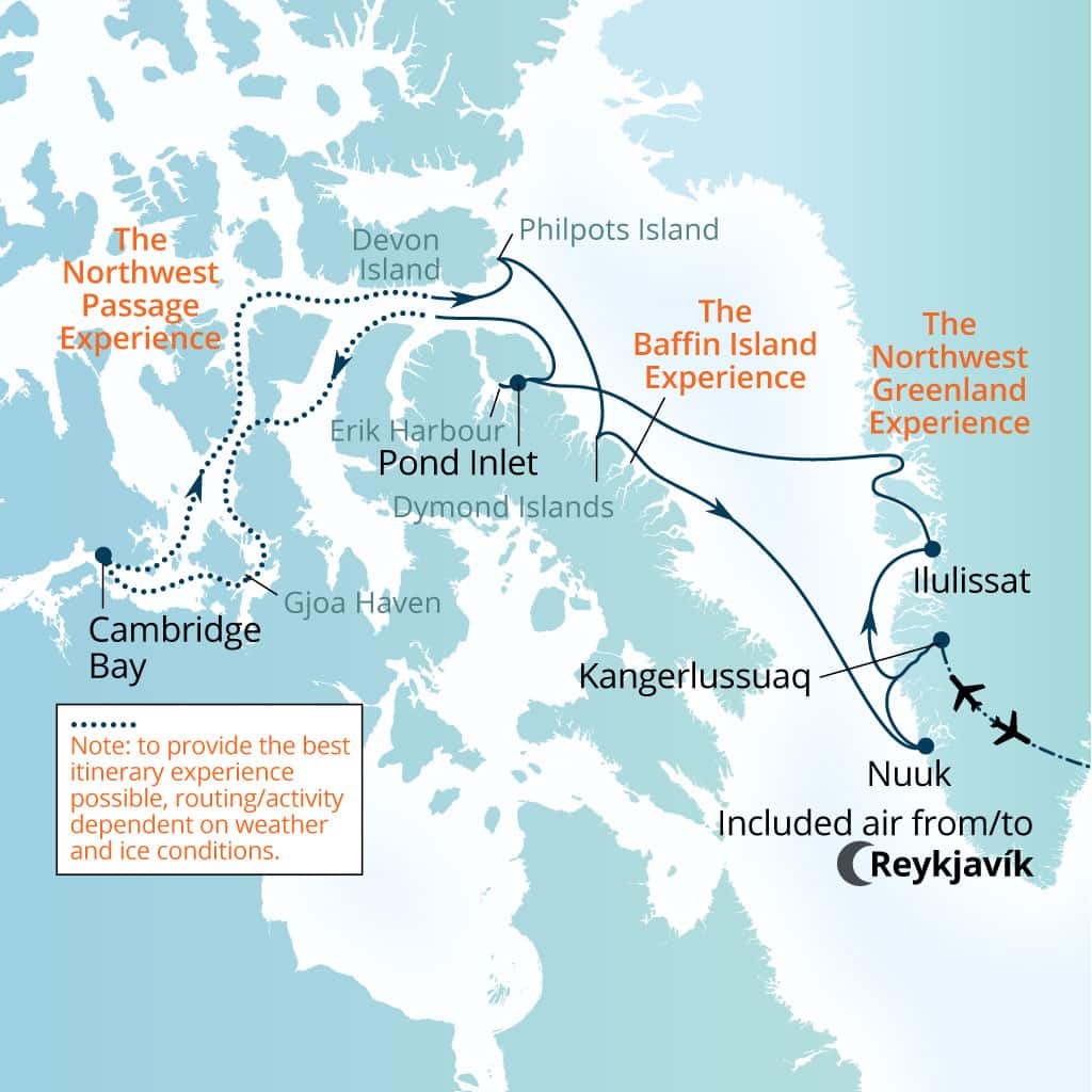Seabourn Venture 20-day Reykjavik, Iceland to Reykjavik, Iceland itinerary map, July 29-August 18 2028