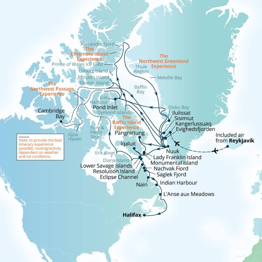 Seabourn Venture 65-day Reykjavik, Iceland to Halifax, Nova Scotia, Canada itinerary map, July 29-October 2 2028