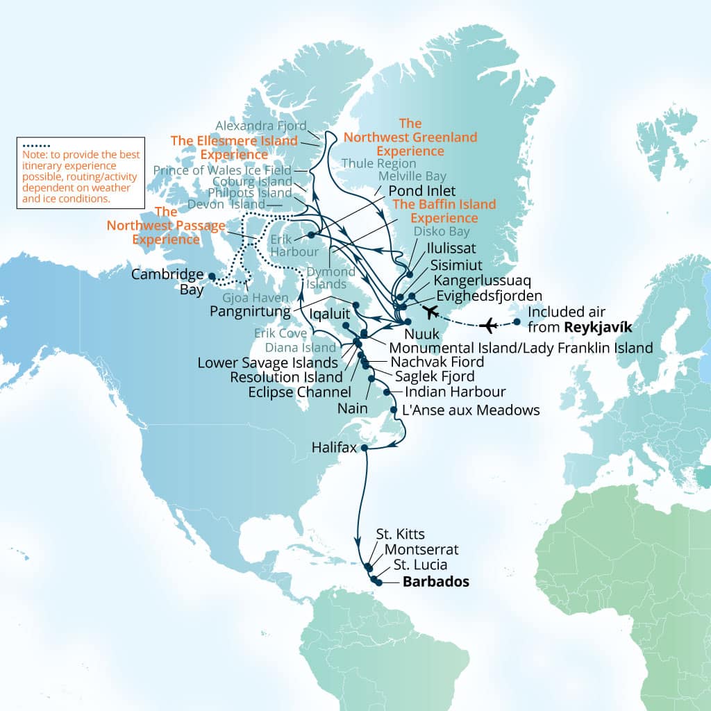 Seabourn Venture 73-day Reykjavik, Iceland to Bridgetown, Barbados itinerary map, July 29-October 10 2028