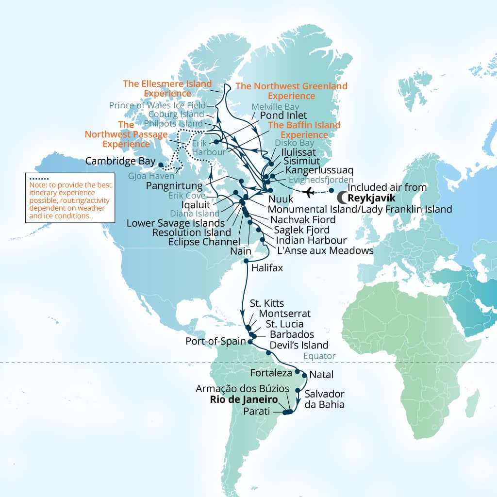 Seabourn Venture 89-day Reykjavik, Iceland to Rio de Janeiro, Brazil itinerary map, July 29-October 26 2028