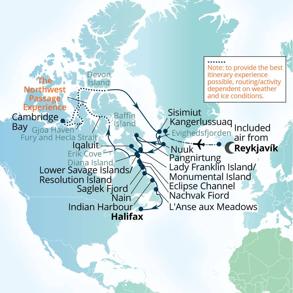 Seabourn Venture 33-day Reykjavik, Iceland to Halifax, Nova Scotia, Canada itinerary map, August 30-October 2 2028
