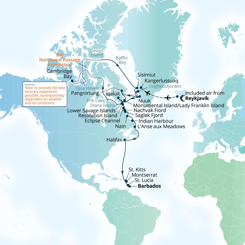Seabourn Venture 41-day Reykjavik, Iceland to Bridgetown, Barbados itinerary map, August 30-October 10 2028