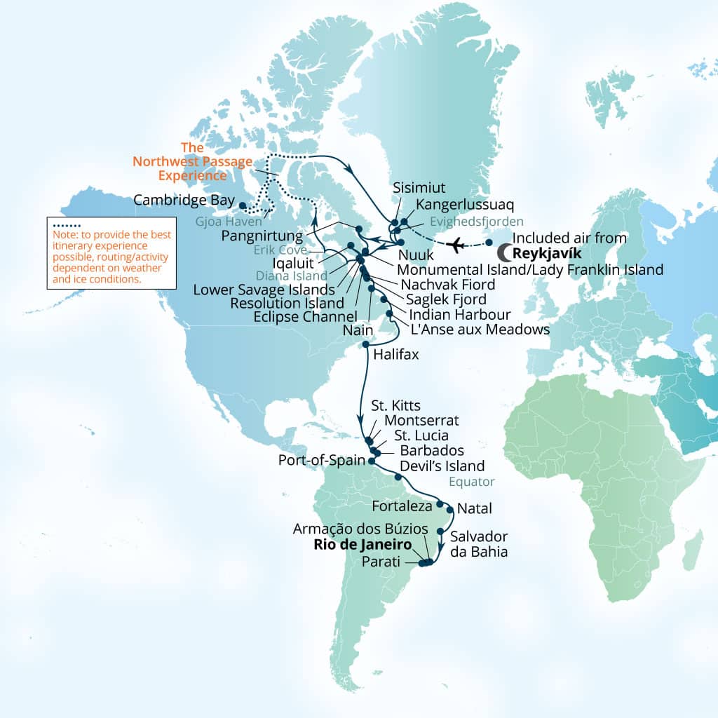Seabourn Venture 57-day Reykjavik, Iceland to Rio de Janeiro, Brazil itinerary map, August 30-October 26 2028