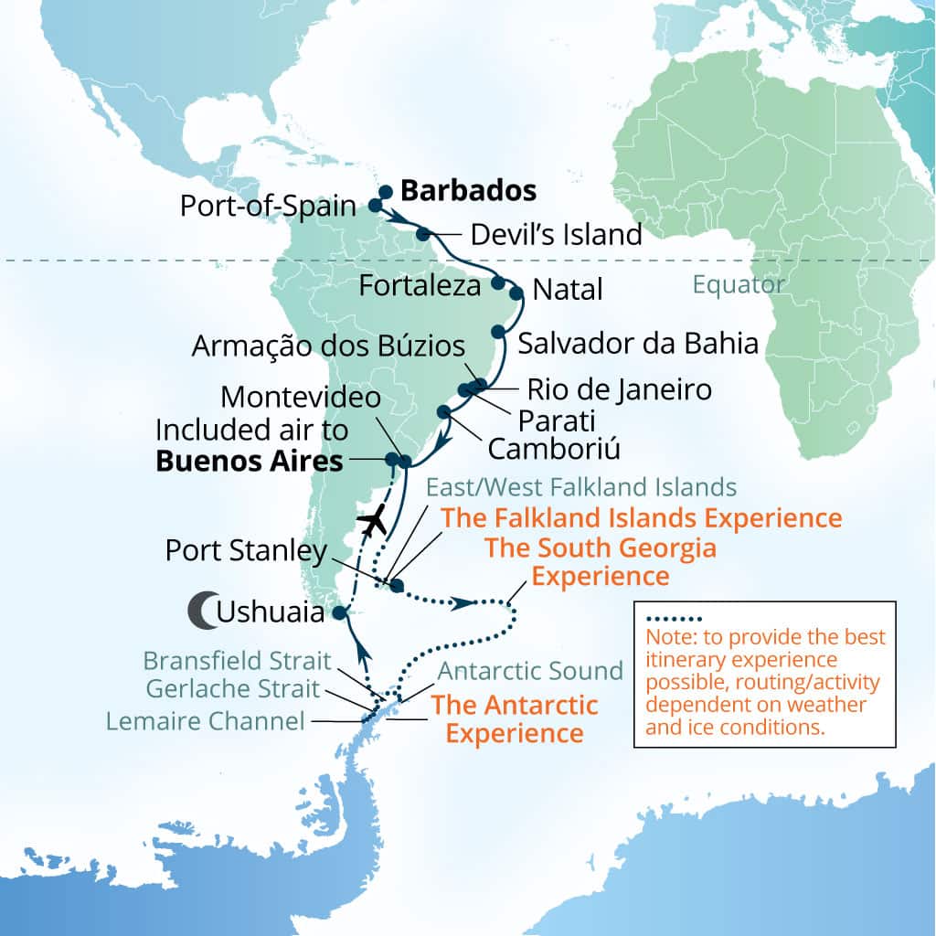 Seabourn Venture 41-day Bridgetown, Barbados to Buenos Aires itinerary map, October 10-November 20 2028