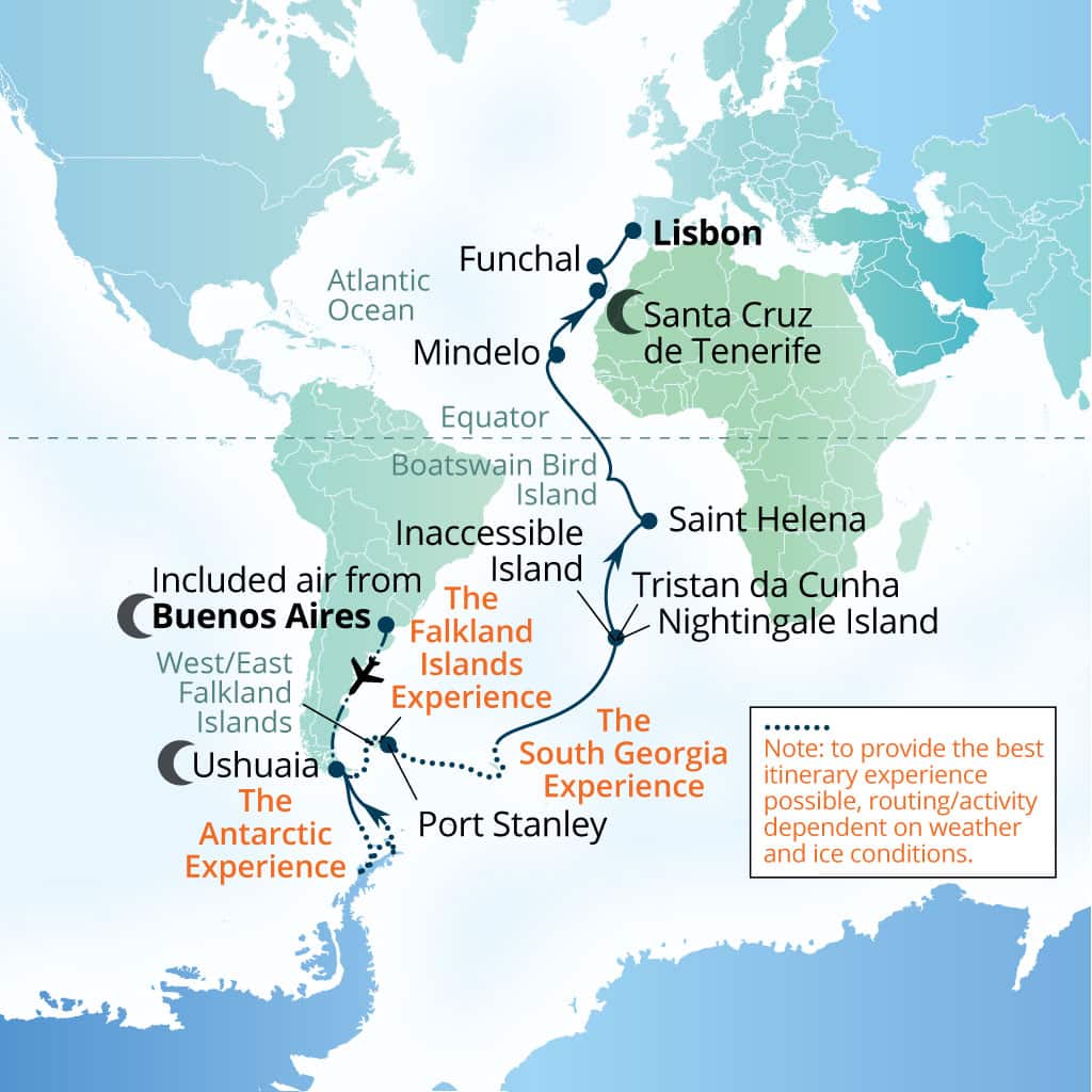 Seabourn Venture 44-day Buenos Aires to Lisbon, Portugal itinerary map, March 11-April 24 2028