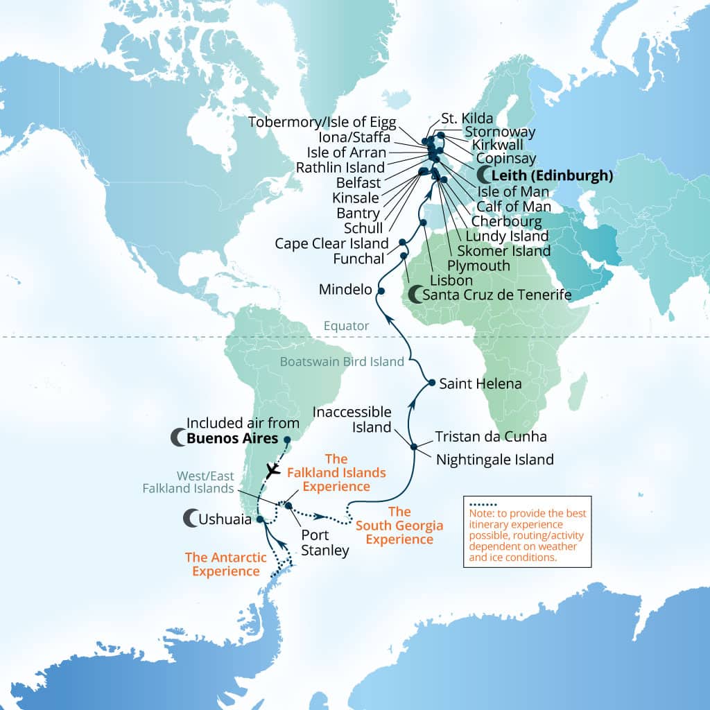 Seabourn Venture 67-day Buenos Aires to Leith (Edinburgh), Scotland, United Kingdom itinerary map, March 11-May 17 2028