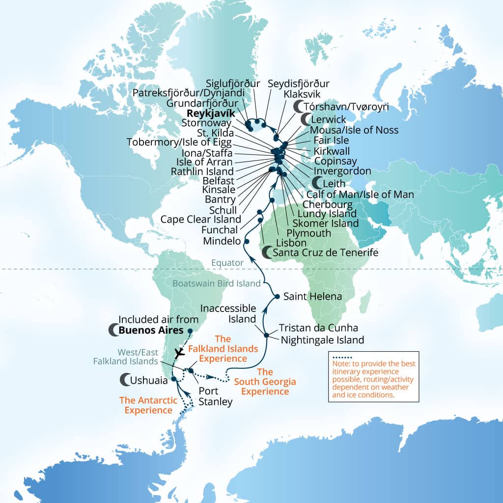 Seabourn Venture 81-day Buenos Aires to Reykjavik, Iceland itinerary map, March 11-May 31 2028